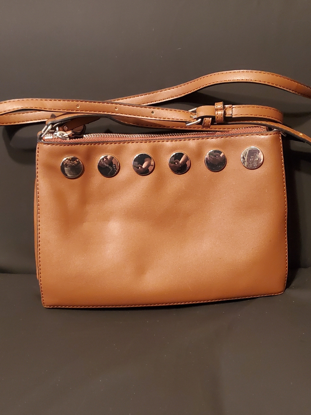 Women’s Tan Leather Crossbody Bag with Stud Detail